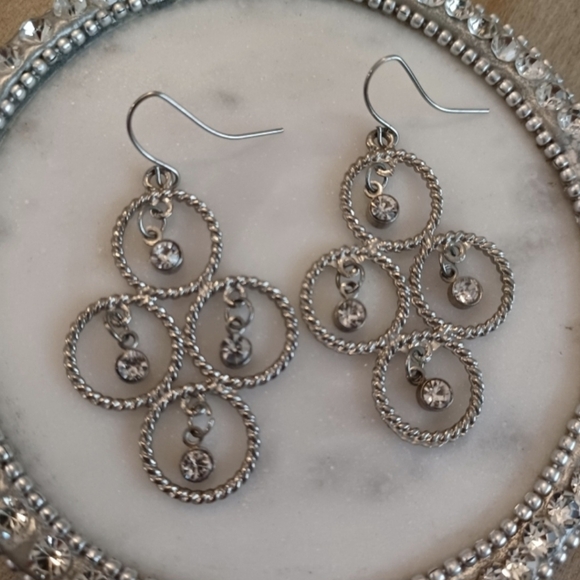 None Jewelry - Rhinestones & Circles Silver Dangle Drop Earrings